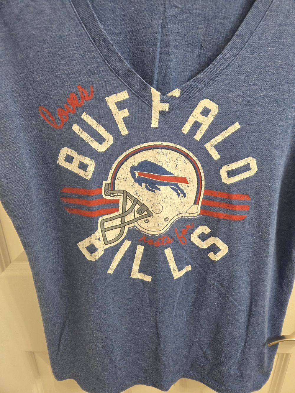 NFL Buffalo Bills Women's V-Neck Tee in Blue with Red & White Detail - Picture 2 of 4